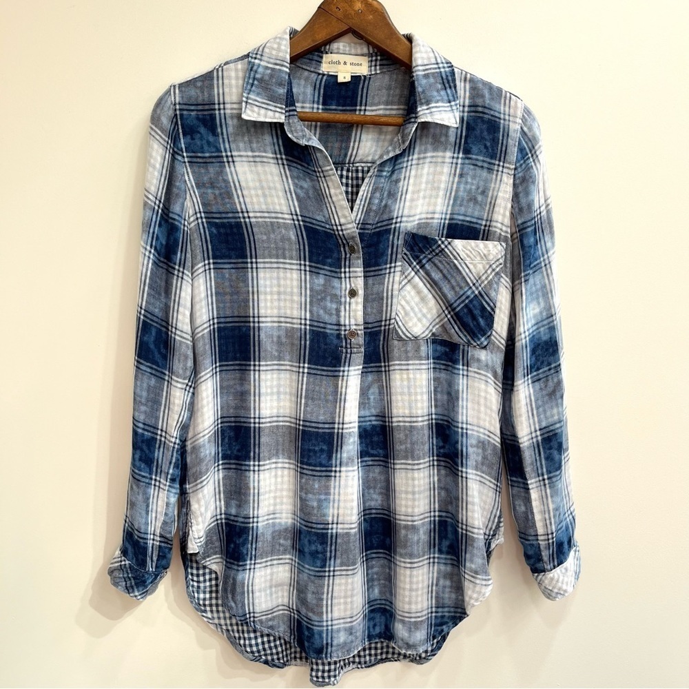 Anthropologie Cloth & Stone blue white plaid popover tunic top size small